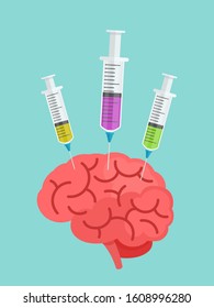 Injection into the brain. Syringes inject substance into the brain. Vaccination. Vector illustration, flat design, isolated background.