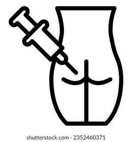 Inyección en el icono de la línea de nalgas, concepto de inyecciones, Signo de inyección intramuscular sobre fondo blanco, nalga del paciente y forma de contorno del icono de la jeringa, móvil, web. Gráficos vectoriales.