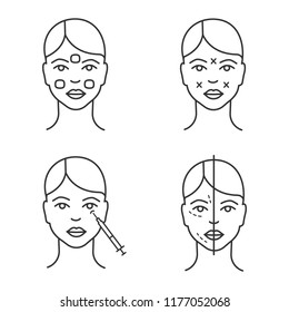 injection linear icons set. Anesthetic cream, before and after, crows feet  injection, sites. Thin line contour symbols. Isolated vector outline illustrations. Editable stroke