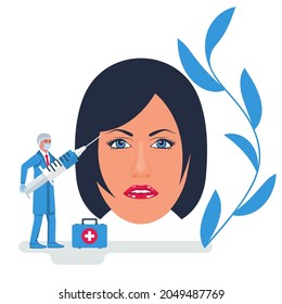 Injection for lips filling. Woman cares for the skin. Doctor makes the injection of filler in face. Remove wrinkles. Vector flat design. Beauty, cosmetology, anti-aging. Female rejuvenating.