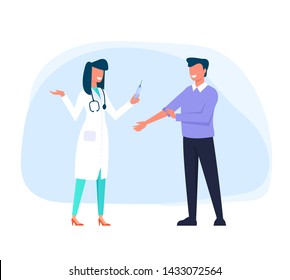 Injection man in hospital. Medicine concept. Vector flat cartoon graphic design illustration