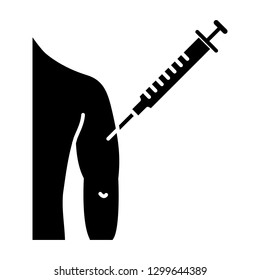 Injection In Man's Arm Glyph Icon. Silhouette Symbol. BCG, Hepatitis, Diphtheria Immunization And Vaccine. Disease Prevention. Negative Space. Vector Isolated Illustration