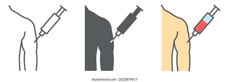 Injection in mans arm icon collection, vaccination and syringe, covid-19 vaccine vector icon set, vector graphics, editable stroke outline sign, eps 10