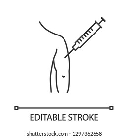 Injection in man's arm linear icon. Thin line illustration. BCG, hepatitis, diphtheria immunization and vaccine. Disease prevention. Contour symbol. Vector isolated outline drawing. Editable stroke