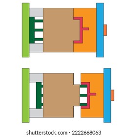 A injection mold in closed and opening position and ejecting of part - Manufacturing illustration , icon, vector 