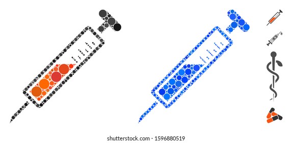 Injection mosaic of filled circles in various sizes and color tinges, based on injection icon. Vector filled circles are composed into blue mosaic. Dotted injection icon in usual and blue versions.