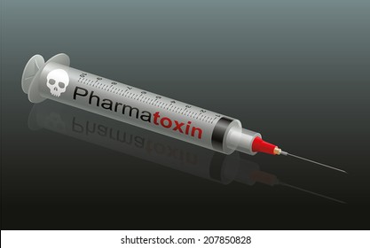 Injection named Pharmatoxin with a skull as the brand logo on it. It's a medical fake product. Vector illustration.