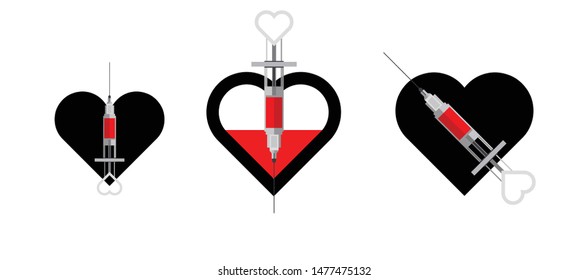 injection needles vector icons isolated on white background. Love medicine Chemistry of Love