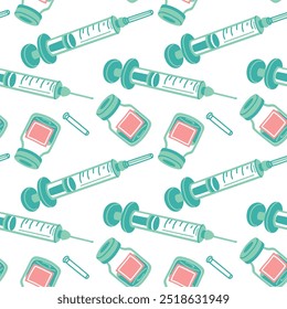 Injection pattern, an empty open syringe with an ampoule for injection. Vector flat texture on medical topics. Seamless injection products in pink, blue colors. illustration design, abstract texture