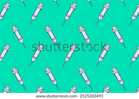 injection with pink liquid colorful pattern on green background. doodle injection medical symbol seamless pattern background. funny injection medic seamless pattern for decor and merchandise