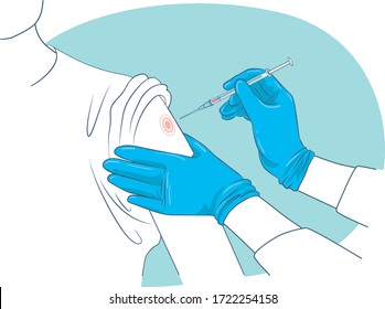 Injection process, nurse's hands in blue gloves are preparing to prick a patient’s hand with a hypodermic syringe needle