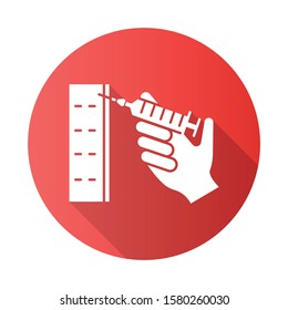 Injection red flat design long shadow glyph icon. Syringe with vaccine. Immunization. Clinical treatment. Disease prevention. Hospital services. Cosmetical filler. Vector silhouette illustration