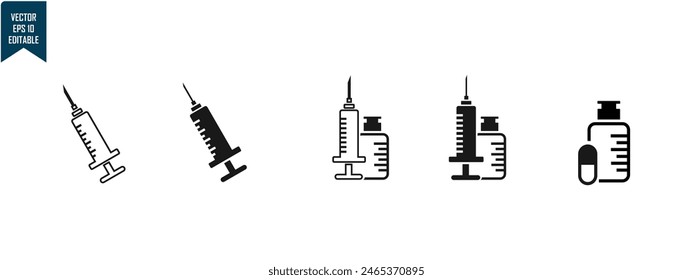 injection set icon, simple black and white design, for medical needs and complementary knowledge data, editable vector eps 10.