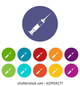 Injection syringe icons set in circle isolated flat vector illustration