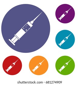 Injection syringe icons set in flat circle red, blue and green color for web