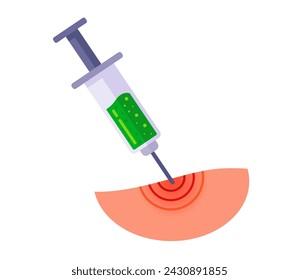 injection with a syringe into a person sore area. flat vector illustration.