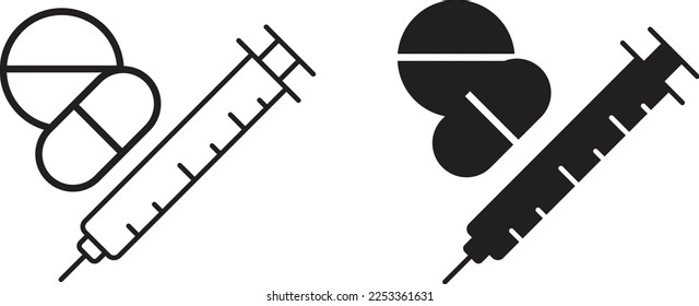 Injection, Syringe, Pills, tablets and medicine drugs Icon Vector illustration on white background. Injection, Syringe,  Pills, tablets and medicine drugs Icon Flat design style, Flat symbol Vector 