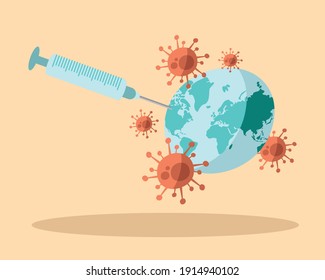 injection syringe vaccine with spores in earth planet vector illustration design