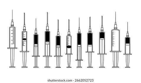 Conjunto de ícones de vetor de seringa para injeção com silhuetas pretas sólidas e esboços detalhados para conceitos médicos, de vacinas e de assistência médica.