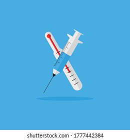 Injektion und Thermometer Vektorgrafik Design, flache Icon Stile. Arztwerkzeug zur Arbeit bei einer Pandemie. 