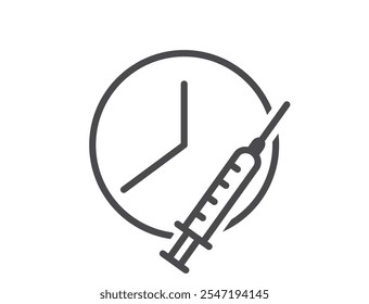 Icono de línea de tiempo de inyección. Reloj y jeringa. Recordatorio de horario médico. Cuidado de la salud aislado Imagen de Vector en estilo simple