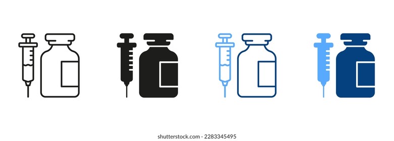 Injection Treatment, Flu Vaccination Black and Color Symbol Collection. Medical Glass Bottle and Syringe Line and Silhouette Icon Set. Insulin Dose in Vial Pictogram. Isolated Vector Illustration.