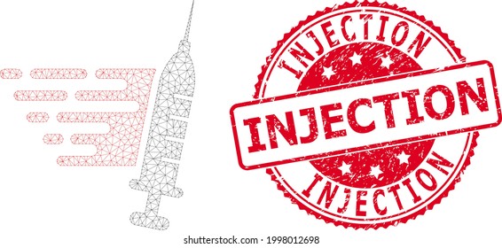 Injection unclean seal imitation and vector fast vaccination mesh model. Red seal contains Injection tag inside. Abstract flat mesh fast vaccination, created from flat mesh.