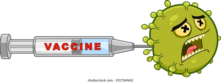 Injection Vaccinates Coronavirus (COVID-19) Cartoon Character of Pathogenic Bacteria. Vector Illustration Isolated On Transparent Background