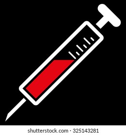 Injection vector icon. Style is bicolor flat symbol, red and white colors, rounded angles, black background.
