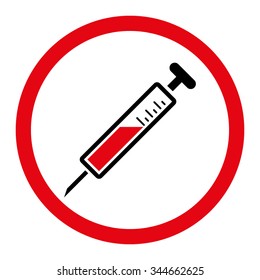 Injection vector icon. Style is bicolor flat rounded symbol, intensive red and black colors, rounded angles, white background.