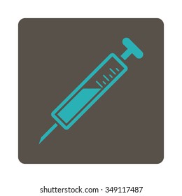 Injection vector icon. Style is flat rounded square button, cyan and grey colors, white background.