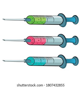 Vector de inyección aislado. Jeringa médica con ilustración de dibujos animados planos de aguja. Antídoto aislado de fondo blanco. Concepto de vacuna