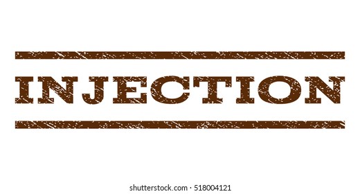 Injection watermark stamp. Text tag between horizontal parallel lines with grunge design style. Rubber seal stamp with dust texture. Vector brown color ink imprint on a white background.