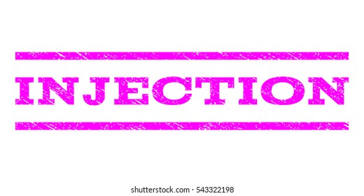 Injection watermark stamp. Text tag between horizontal parallel lines with grunge design style. Rubber seal stamp with scratched texture. Vector magenta color ink imprint on a white background.