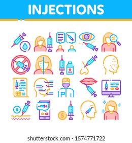 Injections Collection Elements Icons Set Vector Thin Line. Anti-ageing Treatments Procedure, Fillers Medical Cosmetic Injections Concept Linear Pictograms. Color Contour Illustrations