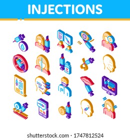 Injections Collection Elements Icons Set Vector. Anti-ageing Treatments Procedure, Fillers Medical Cosmetic Injections Isometric Illustrations