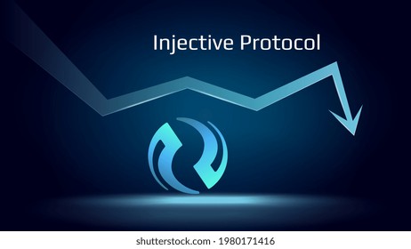 Injective Protocol INJ in downtrend and price falls down. Cryptocurrency coin symbol and down arrow. Uniswap crushed and fell down. Cryptocurrency trading crisis and crash. Vector illustration.