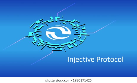 Injective Protocol INJ isometric token symbol of the DeFi project in digital circle on blue background. Cryptocurrency coin icon. Decentralized finance programs. Vector illustration.