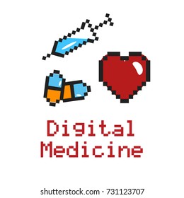 Injector, capsule, heart in digital pixel style