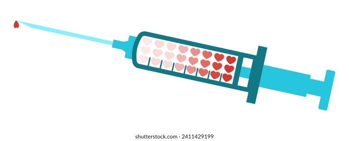 Injector filled with little gradient hearts. Romantic concept or medical design. Life and love attention. Relationship addiction. Blood donation.
