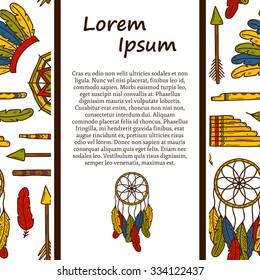 Injun hand drawn concept with seamless background: tomahawk, feather, canoe, bow, arrow, hat, mandala, flute, pipe, dreamcatcher. Native american or travel concept for your design