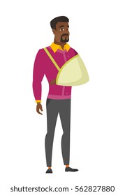 An injured african businessman wearing an arm brace. Businessman with broken arm in sling. Full length of business man with broken arm. Vector flat design illustration isolated on white background.
