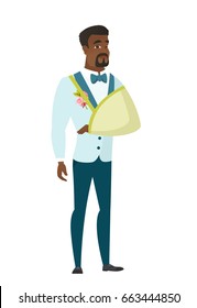 Injured african-american bridegroom wearing an arm brace. Bridegroom with broken arm in sling. Full length of bridegroom with broken arm. Vector flat design illustration isolated on white background.