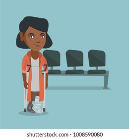 Injured african-american woman with with broken leg in gypsum using crutches. Young woman with fractured leg standing in hospital. Vector cartoon illustration. Square layout.