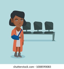 Injured african-american woman wearing an arm brace because of broken arm. Full length of a young woman with broken arm in a bandage. Vector cartoon illustration. Square layout.