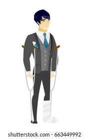 Injured asian bridegroom with broken leg on crutches. Groom with broken leg in bandages. Full length of bridegroom with broken leg. Vector flat design illustration isolated on white background.