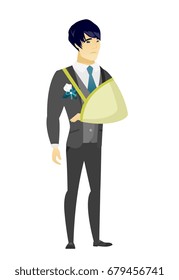 Injured asian bridegroom wearing an arm brace. Bridegroom with broken arm in sling. Full length of young bridegroom with broken arm. Vector flat design illustration isolated on white background.
