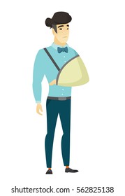 An injured asian  businessman wearing an arm brace. Businessman with broken arm in sling. Full length of business man with broken arm. Vector flat design illustration isolated on white background.