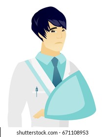 An injured asian doctor wearing an arm brace. Doctor with broken arm in sling. Young doctor in medical gown with broken arm. Vector flat design illustration isolated on white background.