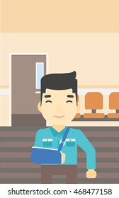 An injured asian man with broken right arm in brace standing in the hospital corridor. Smiling man wearing an arm brace. Vector flat design illustration. Vertical layout.